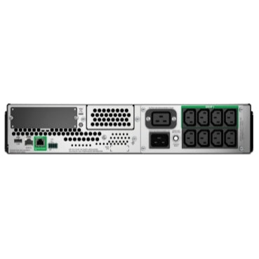Back view of the APC SMT3000RMI2UC UPS displaying output sockets, communication ports, and power input.