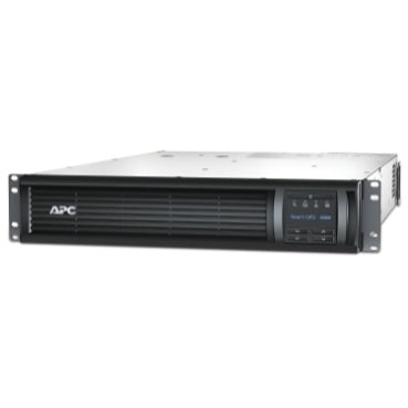 Front view of the APC SMT3000RMI2UC UPS showing LCD screen and ventilation panel in a 2U rack-mount design.